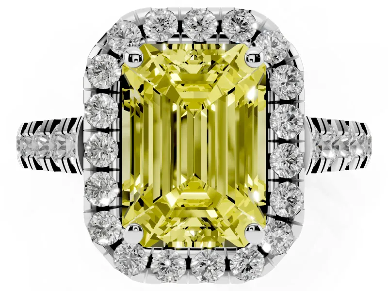 Emerald Cut Accented Halo Engagement Ring Setting for a Fancy Yellow Lab-Grown Diamond | Platinum