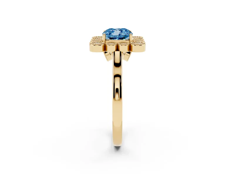 Cushion Cut Milgrain Cluster Halo Engagement Ring Setting for a Fancy Blue Lab-Grown Diamond | Plain Band | Yellow Gold