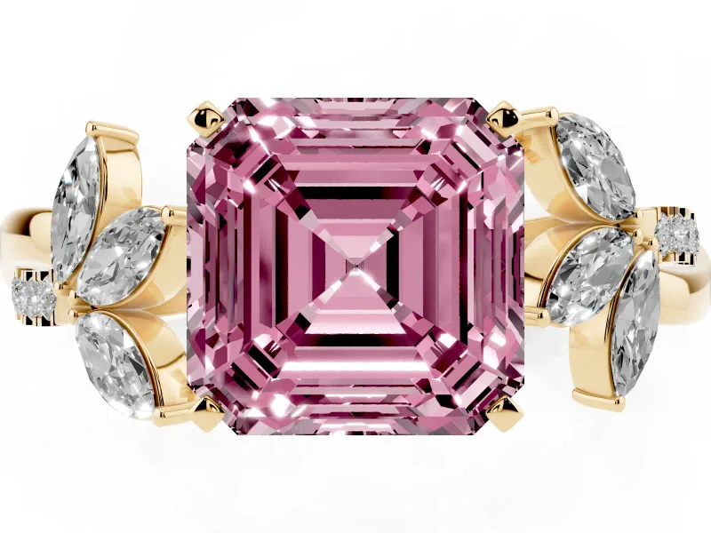 Fancy Pink Asscher Cut Diamond Floral Vine Solitaire Engagement Ring Set in Yellow gold with Marquise Leaves