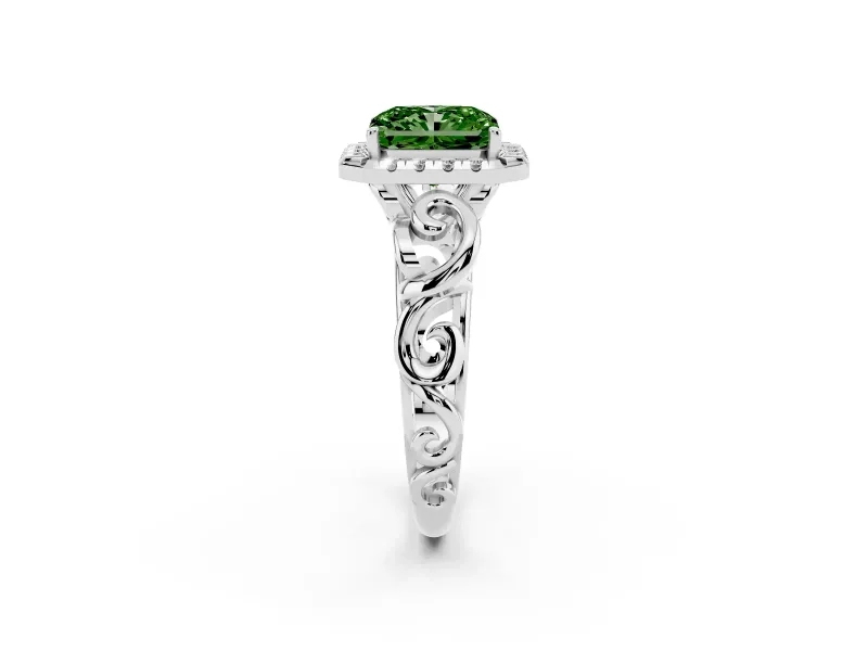 Fancy Green Radiant Cut Diamond Halo Ring Set in Silver with Scrollwork Band and Prong Setting