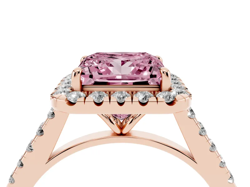 Princess Cut Halo Engagement Ring Setting for a Fancy Pink Lab-Grown Diamond | Pave Shoulders | Rose Gold