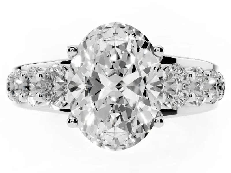 Oval Graduated Side Stone Engagement Ring Setting | Shared Prong Rails | Sterling Silver