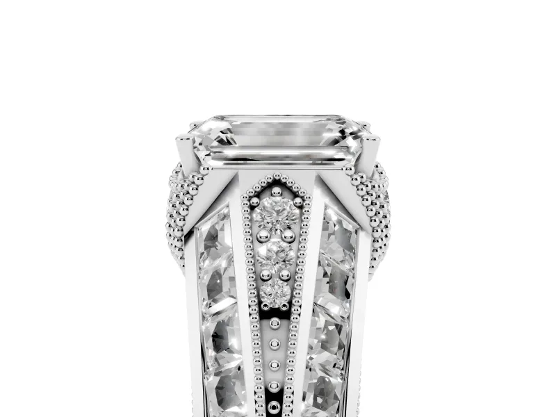 Emerald Cut Diamond Vintage-Inspired Milgrain Ring Set in Platinum with Accent Split Shank