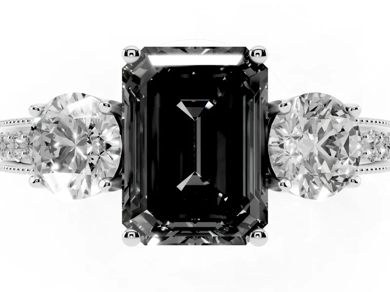 Fancy Black Emerald Cut Diamond Three-Stone Ring Set in White gold with Round Side Stones and Pavé Band
