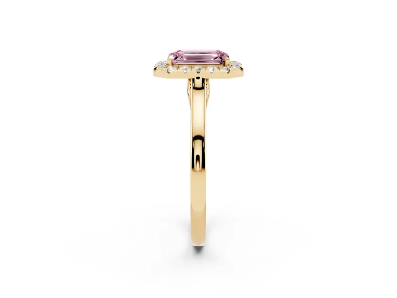 Fancy Pink Emerald Cut Halo Round Diamond Solitaire Ring Set in Yellow gold with Pavé Band and Prong Setting