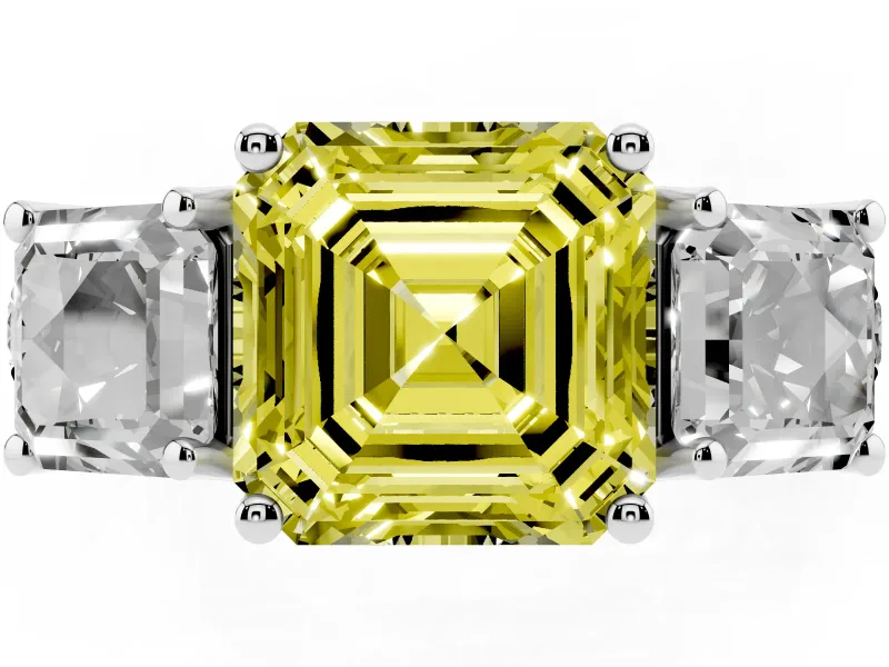 Asscher Cut Three Stone Engagement Ring Setting for a Fancy Yellow Lab-Grown Diamond | Accented Shoulders | Platinum