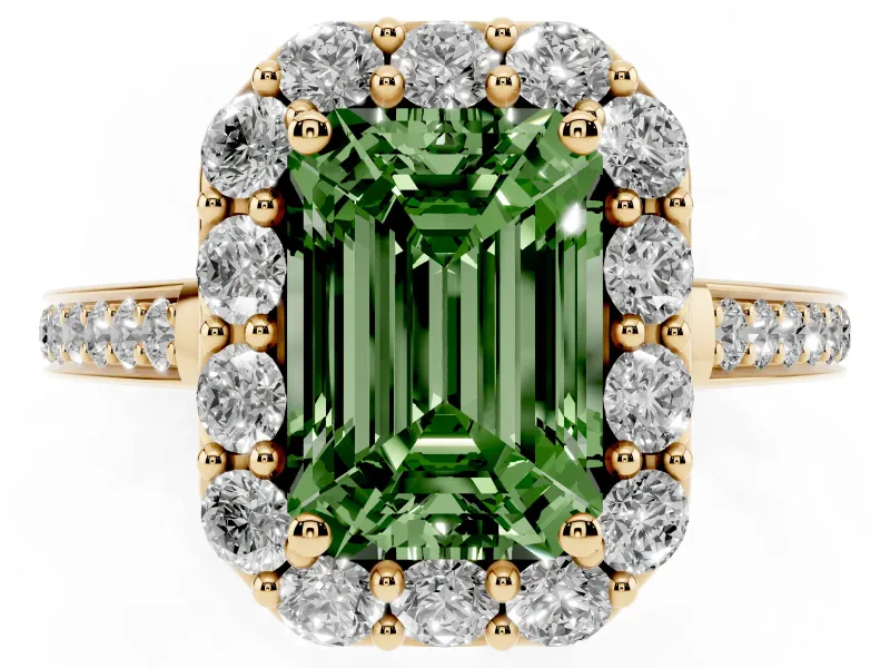 Fancy Green Emerald Cut Diamond Floral Halo Ring Set in Yellow gold with Pavé Band and Prong Setting