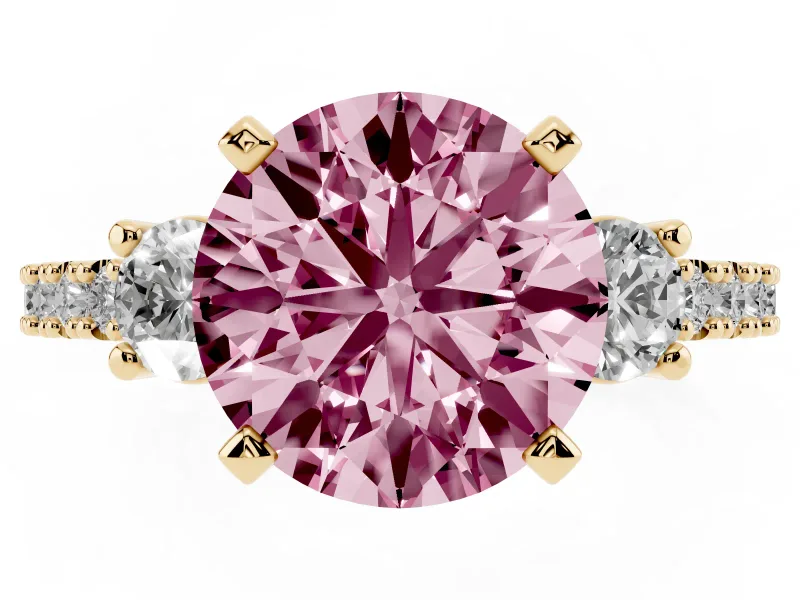 Round Three Stone Pavé Engagement Ring Setting for a Fancy Pink Lab-Grown Diamond | Round Side Stones | Yellow Gold