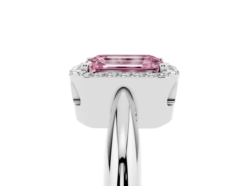 Fancy Pink Emerald Cut Diamond Halo Engagement Ring Set in Silver with Plain Split Shank and Prong Setting