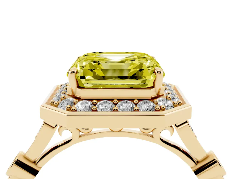 Asscher Cut Halo Engagement Ring Setting for a Fancy Yellow Lab-Grown Diamond | Bezel Station Shoulders | Yellow Gold