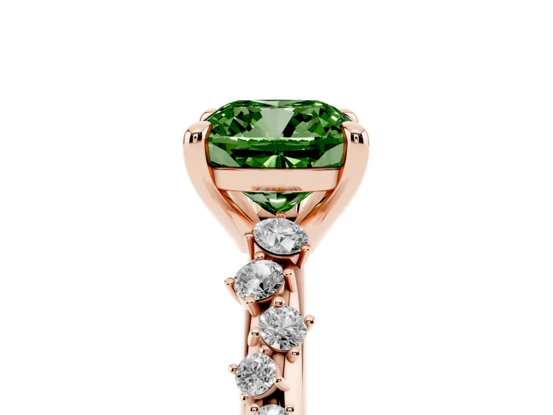 Fancy Green Cushion Cut Diamond Solitaire Vine Band Ring Set in Rose gold with Round Accents and Prong Setting