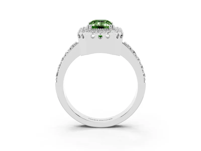 Emerald Cut Milgrain Halo Engagement Ring Setting for a Fancy Green Lab-Grown Diamond | Pavé Shoulders | White Gold