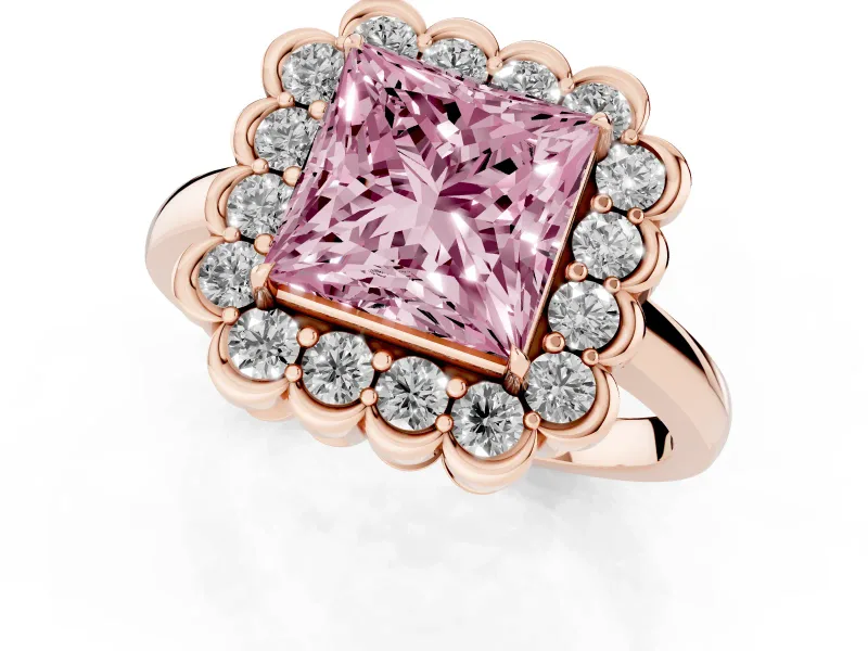 Princess Cut Scalloped Cluster Halo Engagement Ring Setting for a Fancy Pink Lab-Grown Diamond | Plain Band | Rose Gold