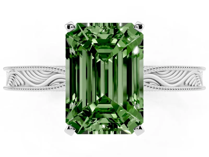 Fancy Green Emerald Cut Diamond Solitaire Milgrain Engraved Band Set in Silver with Prong Setting