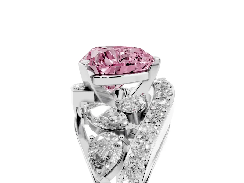Fancy Pink Heart Cut Diamond Halo Ring Set in White gold with Marquise and Pavé Band in Prong Setting