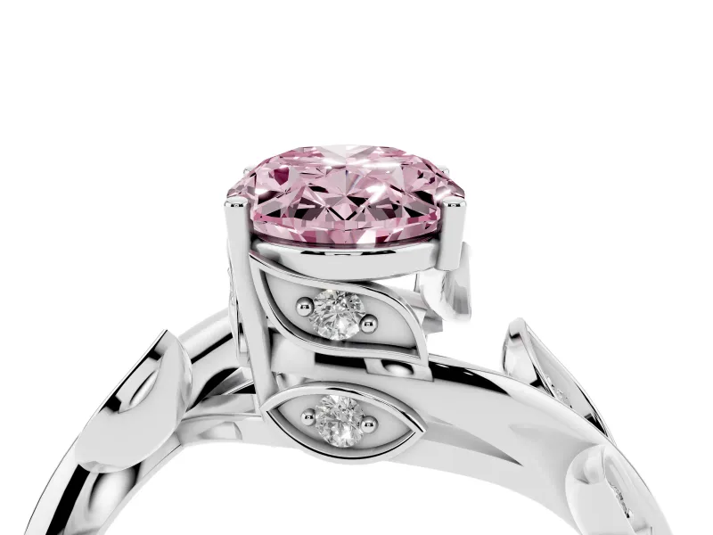 Fancy Pink Oval Cut Diamond Solitaire Twist Engagement Ring Set in White gold with Pavé Leaf Accents