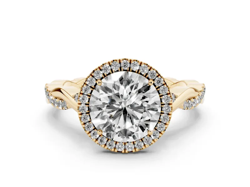 Round Cut Diamond Halo Twist Band Solitaire Ring Set in Yellow gold with Prong Setting