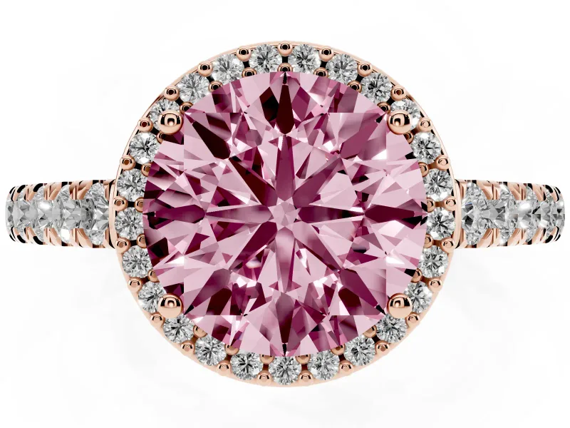 Fancy Pink Round Cut Diamond Halo Engagement Ring Set in Rose gold with Pavé Band and Prong Setting