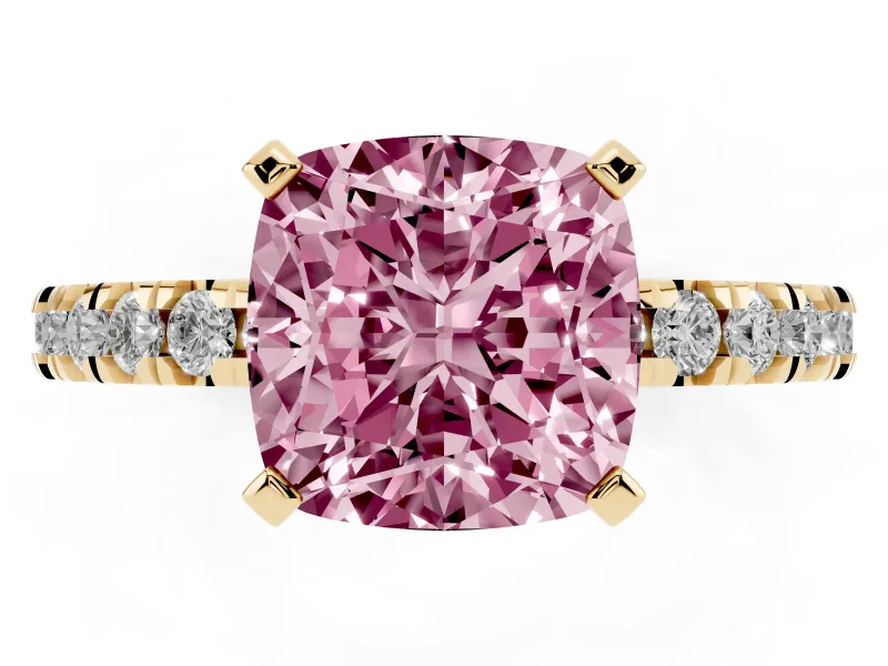 Fancy Pink Cushion Cut Diamond Pavé Band Solitaire Set in Yellow gold with Prong Setting