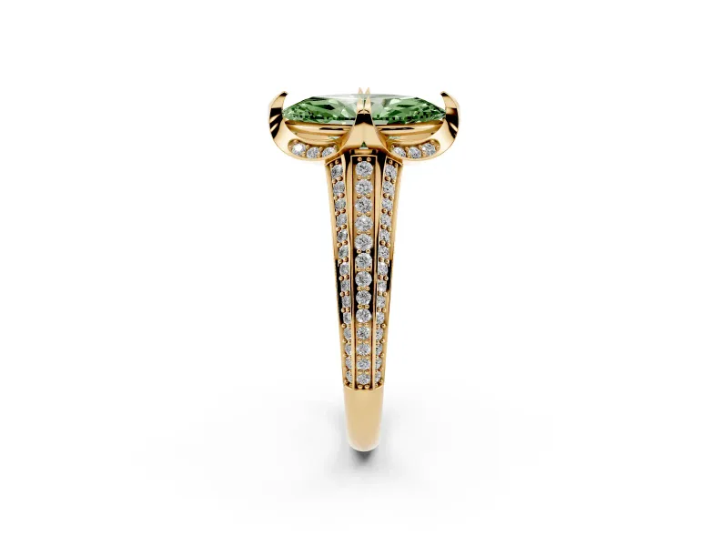 Fancy Green Marquise Cut Diamond Pavé Split Shank Solitaire Ring Set in Yellow gold with Prong Setting
