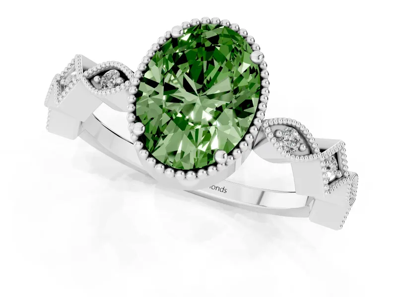 Fancy Green Oval Cut Diamond Milgrain Marquise Twist Band Ring Set in White gold with Prong Setting