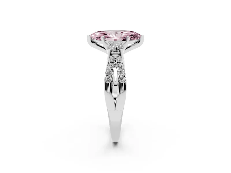 Fancy Pink Marquise Cut Diamond Three-Stone Ring Set in Platinum with Pavé Split Shank and Prong Setting