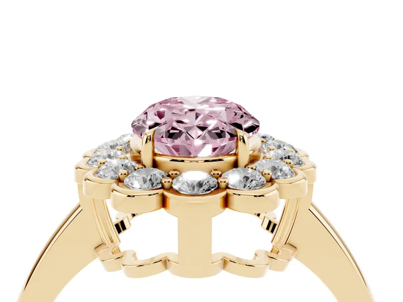 Oval Scalloped Cluster Halo Engagement Ring Setting for a Fancy Pink Lab-Grown Diamond | Plain Band | Yellow Gold