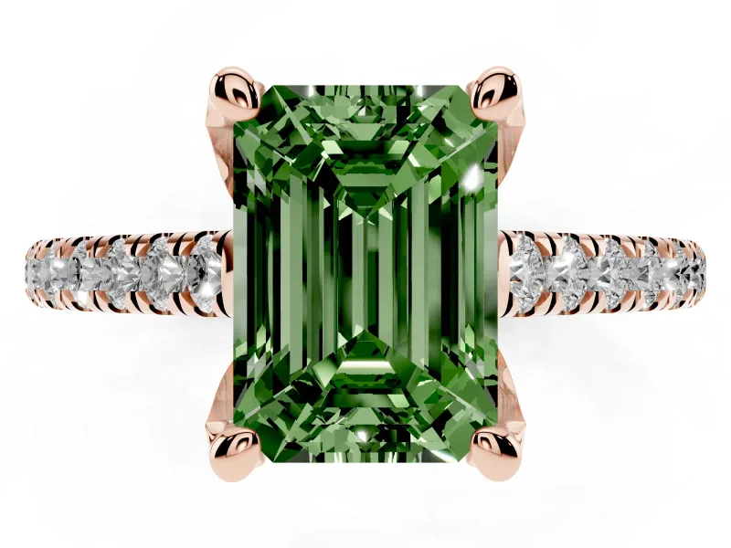 Emerald Cut Hidden Halo Pave Engagement Ring Setting for a Fancy Green Lab-Grown Diamond | Claw Prongs | Rose Gold