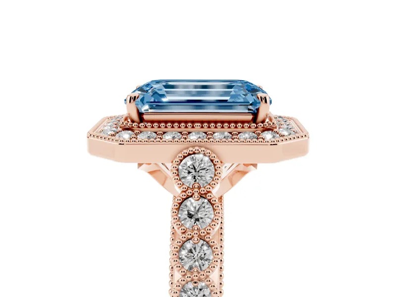 Emerald Cut Graduated Milgrain Halo Engagement Ring Setting for a Fancy Blue Lab-Grown Diamond | Rose Gold