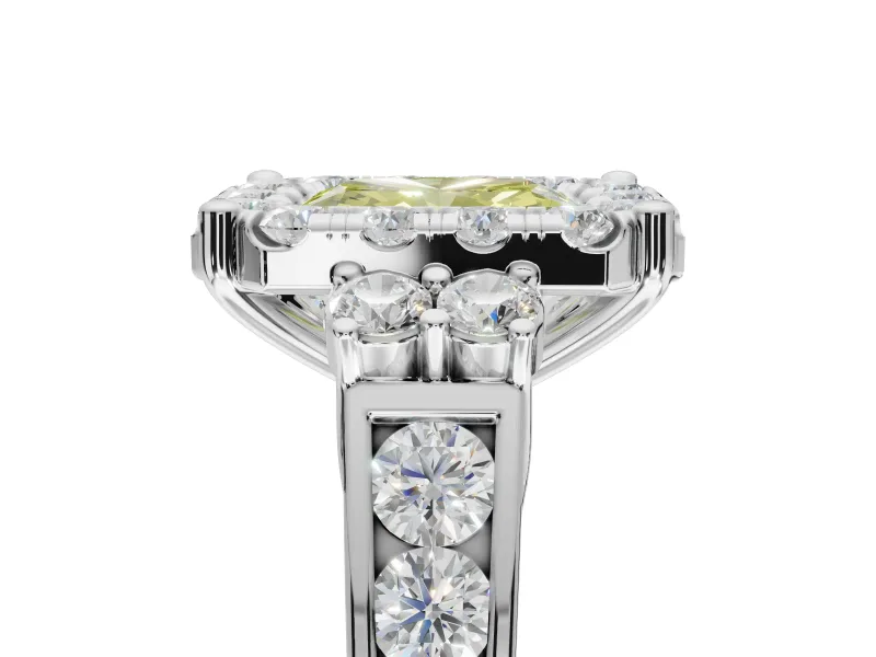 Radiant Cut Halo Engagement Ring Setting for a Fancy Yellow Lab-Grown Diamond | Graduated Channel Band | Platinum
