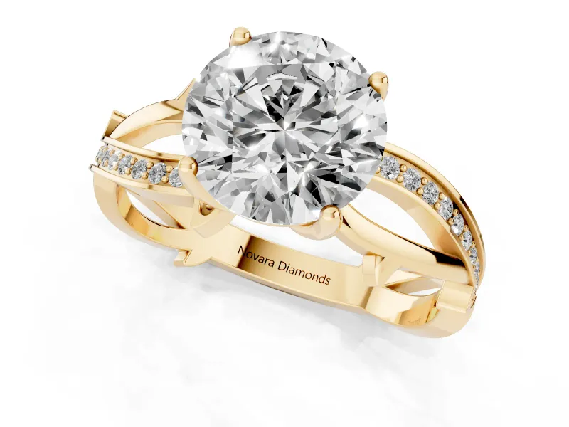 Round Cut Diamond Pavé Twist Band Solitaire Ring Set in Yellow gold with Prong Setting