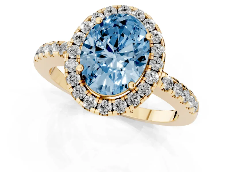 Oval Halo Engagement Ring Setting for a Fancy Blue Lab-Grown Diamond | Pavé Band | Yellow Gold
