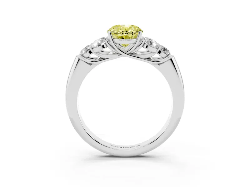 Fancy Yellow Oval Cut Diamond Cluster Ring Set in Silver with Round Accent Stones and Prong Setting on a Plain Band