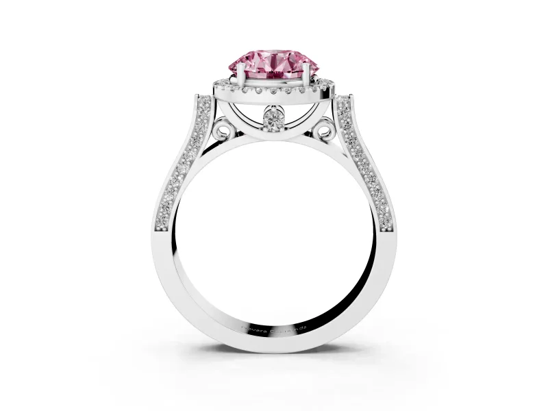 Round Halo Engagement Ring Setting for a Fancy Pink Lab-Grown Diamond | Pavé Panel Shoulders | Sterling Silver