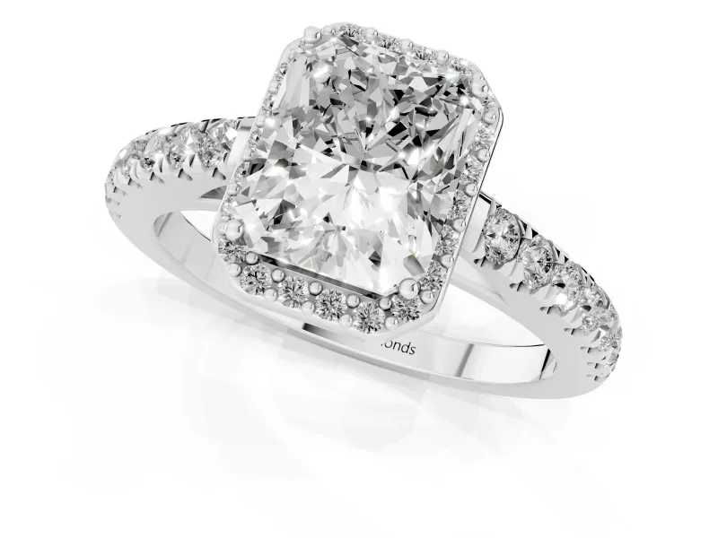Radiant Cut Diamond Halo Engagement Ring Set in Platinum with Pavé Band and Prong Setting