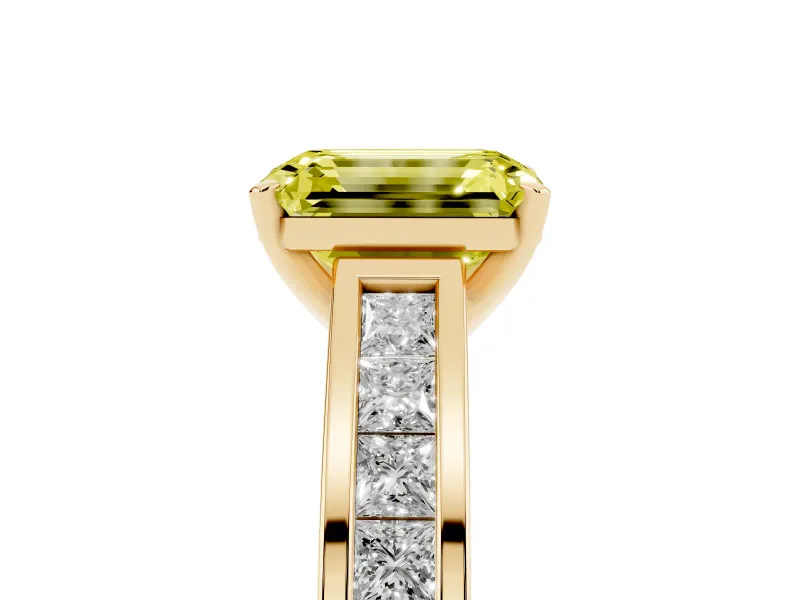 Fancy Yellow Emerald Cut Diamond Solitaire Ring Set in Yellow gold with Channel-Set Band and Prong Setting