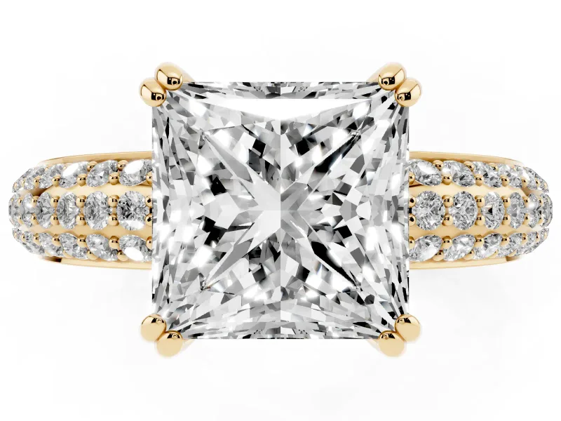Princess Cut Three Row Pave Solitaire Engagement Ring Setting | Double Claw Prongs | Yellow Gold