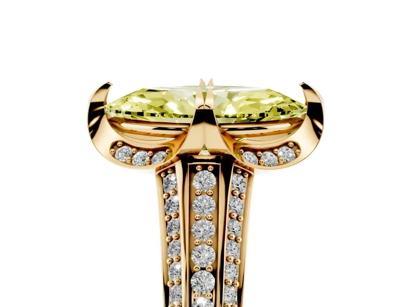 Fancy Yellow Marquise Cut Diamond Pavé Split Shank Solitaire Ring Set in Yellow gold with Prong Setting