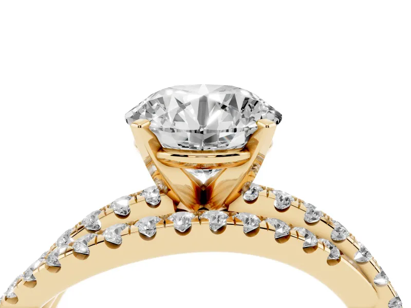 Round Cut Diamond Solitaire Twist Band Ring Set in Yellow gold with Pavé Setting and Prong Head