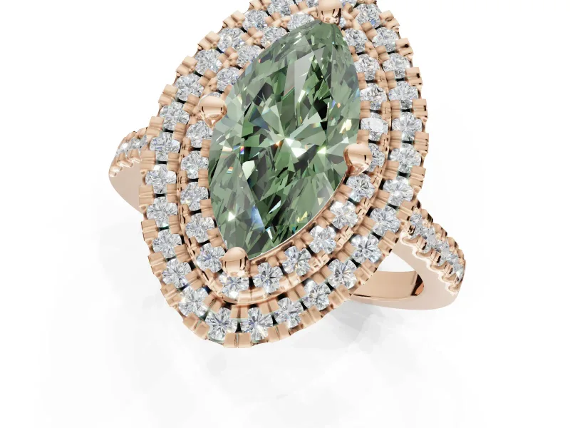 Fancy Green Marquise Lab-Grown Diamond Double Halo Statement Ring Set in Rose Gold with Pavé Band