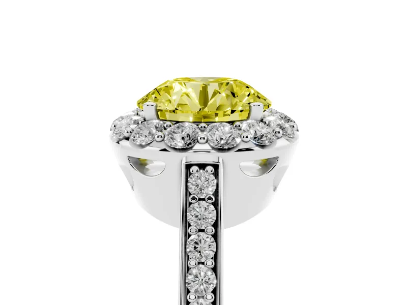 Fancy Yellow Round Cut Diamond Floral Halo Ring Set in Platinum with Pavé Band and Prong Setting