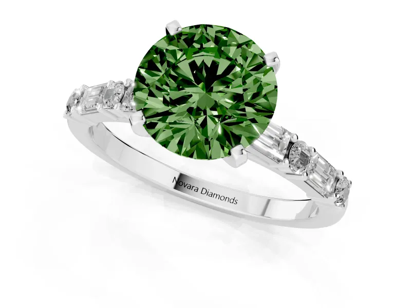 Fancy Green Round Cut Diamond Solitaire Set in White gold with Side Baguettes and Channel Set Band