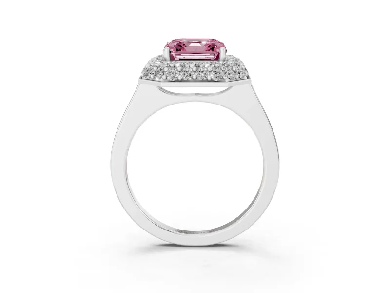 Fancy Pink Asscher Cut Diamond Halo Engagement Ring Set in Silver with Solitaire Band and Prong Setting