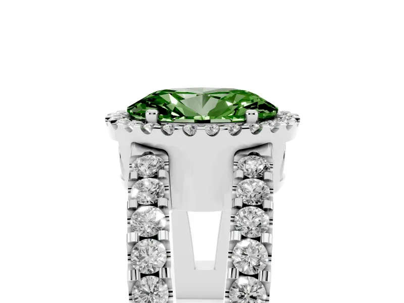 Fancy Green Oval Cut Diamond Halo Ring Set in Platinum with Pavé Split Shank and Prong Setting
