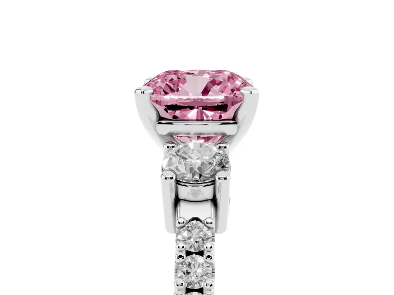 Fancy Pink Three-Stone Cushion Cut Diamond Pavé Band Ring Set in Platinum with Prong Setting