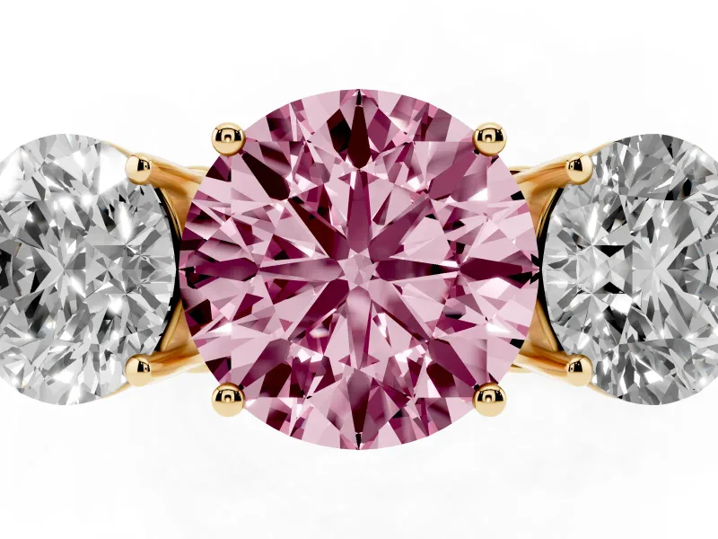 Round Engagement Ring Setting for a Fancy Pink Lab-Grown Diamond | Three Stone | Yellow Gold