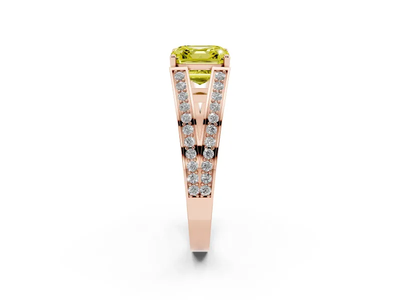 Fancy Yellow Asscher Cut Diamond Split Shank Ring Set in Rose gold with Pavé Band and Prong Setting