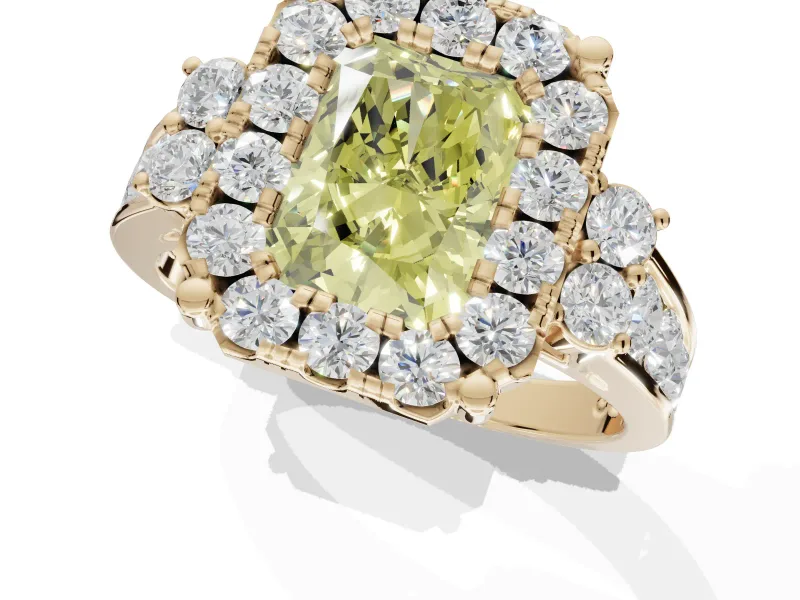 Radiant Cut Halo Engagement Ring Setting for a Fancy Yellow Lab-Grown Diamond | Graduated Channel Band | Yellow Gold
