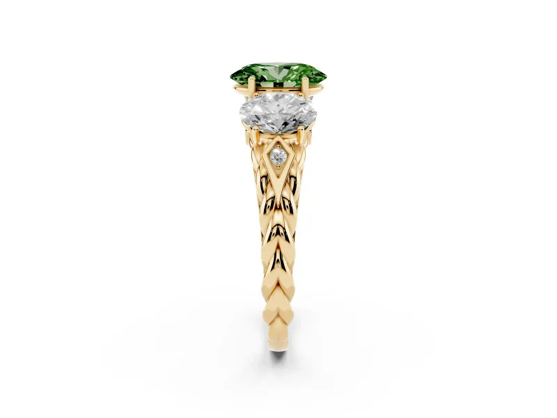 Oval Three Stone Engagement Ring Setting for a Fancy Green Lab-Grown Diamond | Braided Band | Yellow Gold