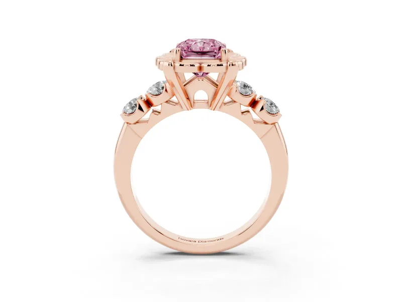 Fancy Pink Radiant Cut Diamond Floral Halo Ring Set in Rose gold with Shared Prong Band